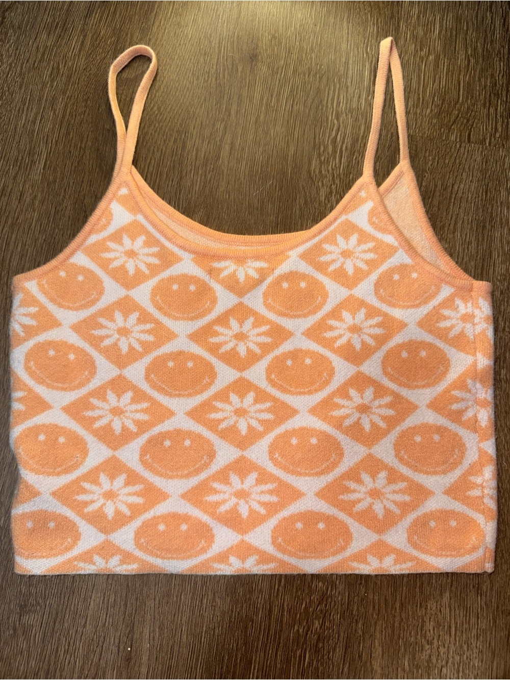 American Eagle Women’s Soft Knit Crop Tank Orange White Floral Smiley Face S